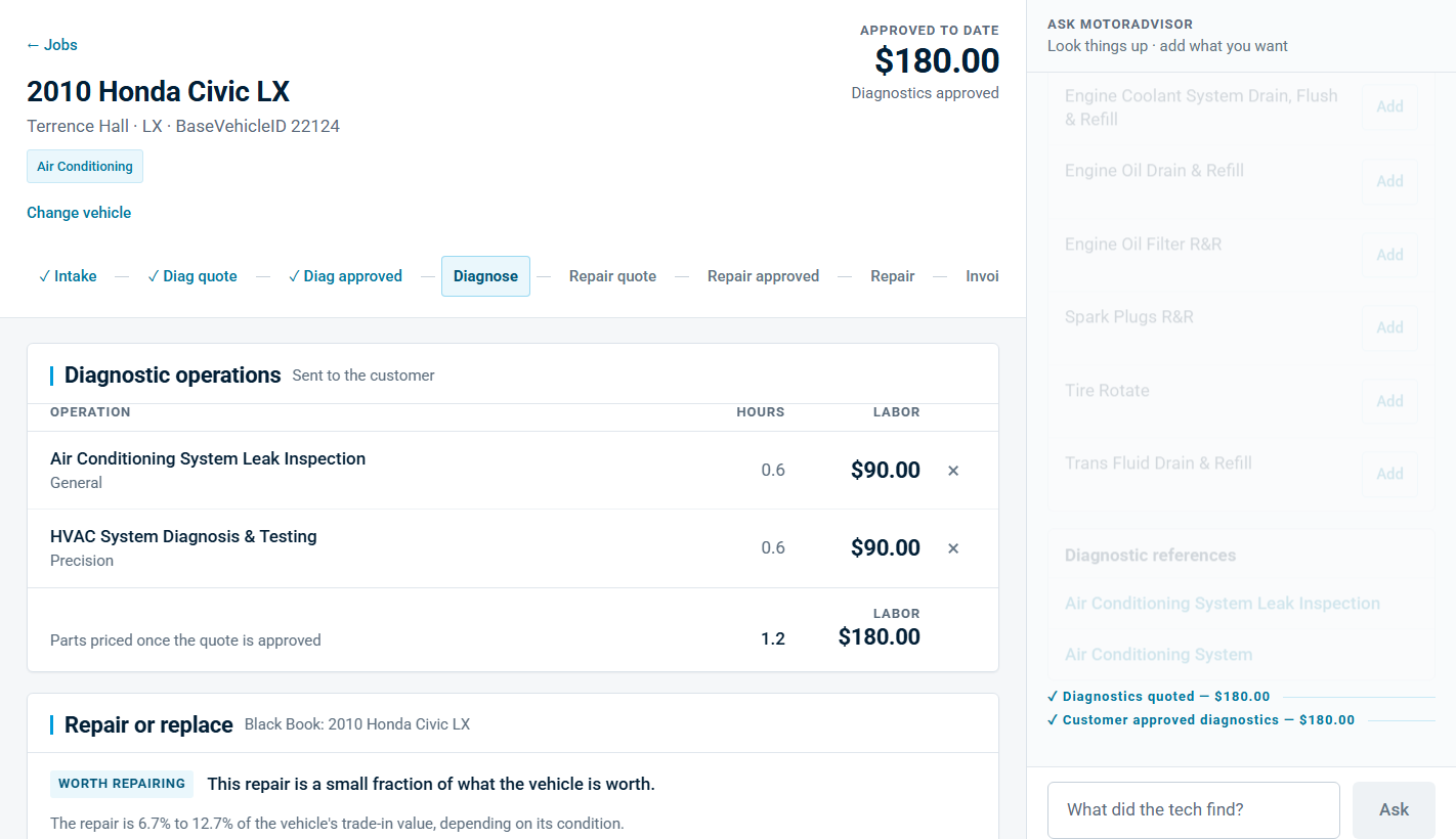 A MotorAdvisor work order: the conversation on the right, priced diagnostics and a repair-or-replace verdict on the left